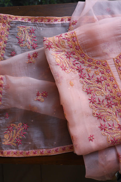 Peach & Pink Shade Noor Organza Silk Chikankari Unstitched Kurta Dupatta Set