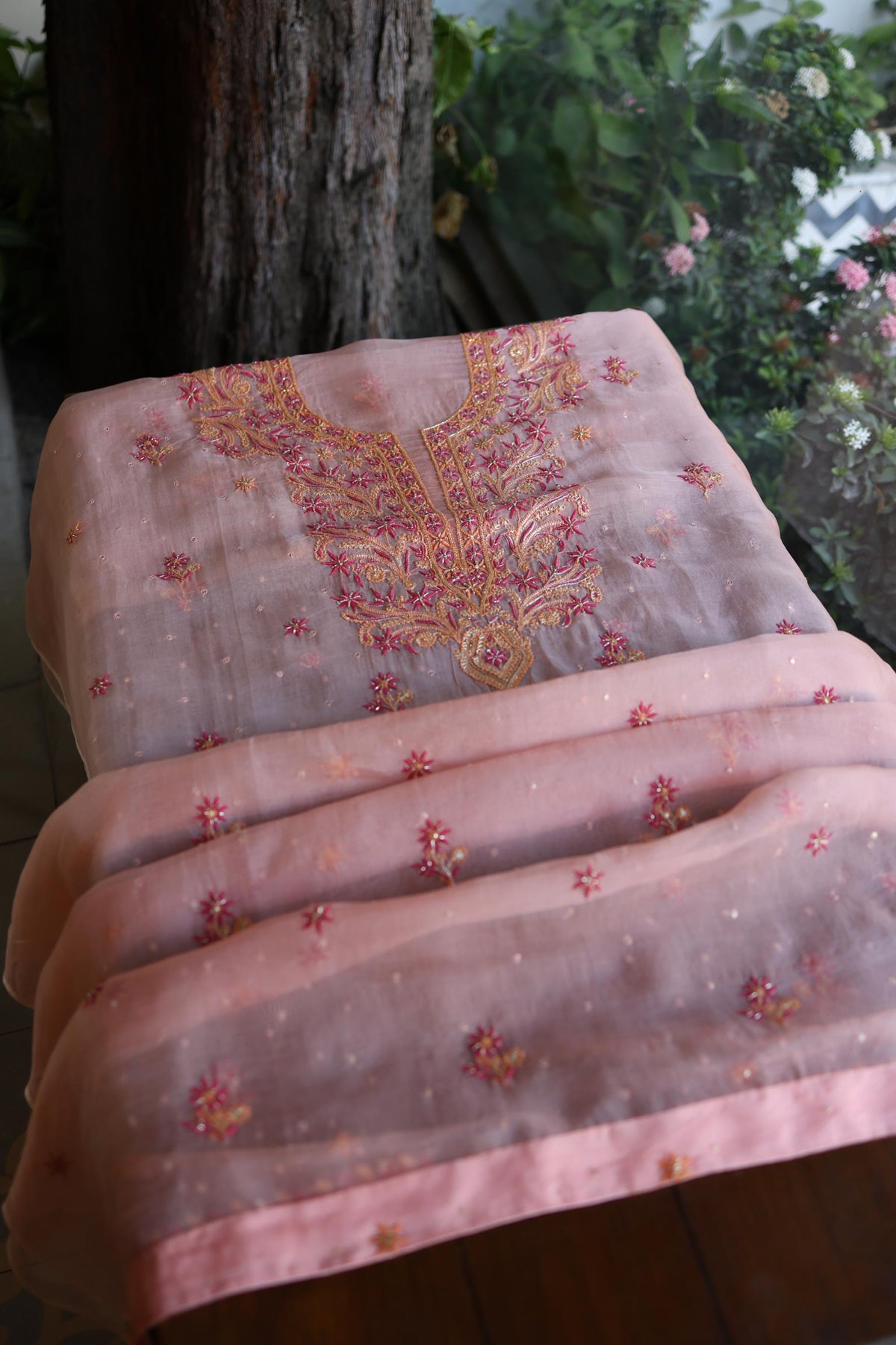 Peach & Pink Shade Noor Organza Silk Chikankari Unstitched Kurta Dupatta Set