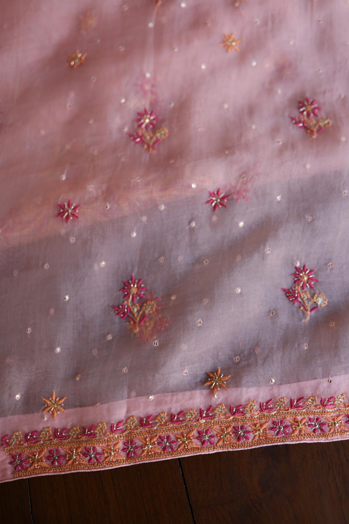 Peach & Pink Shade Noor Organza Silk Chikankari Unstitched Kurta Dupatta Set