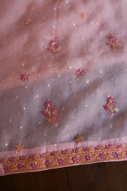 Peach & Pink Shade Noor Organza Silk Chikankari Unstitched Kurta Dupatta Set