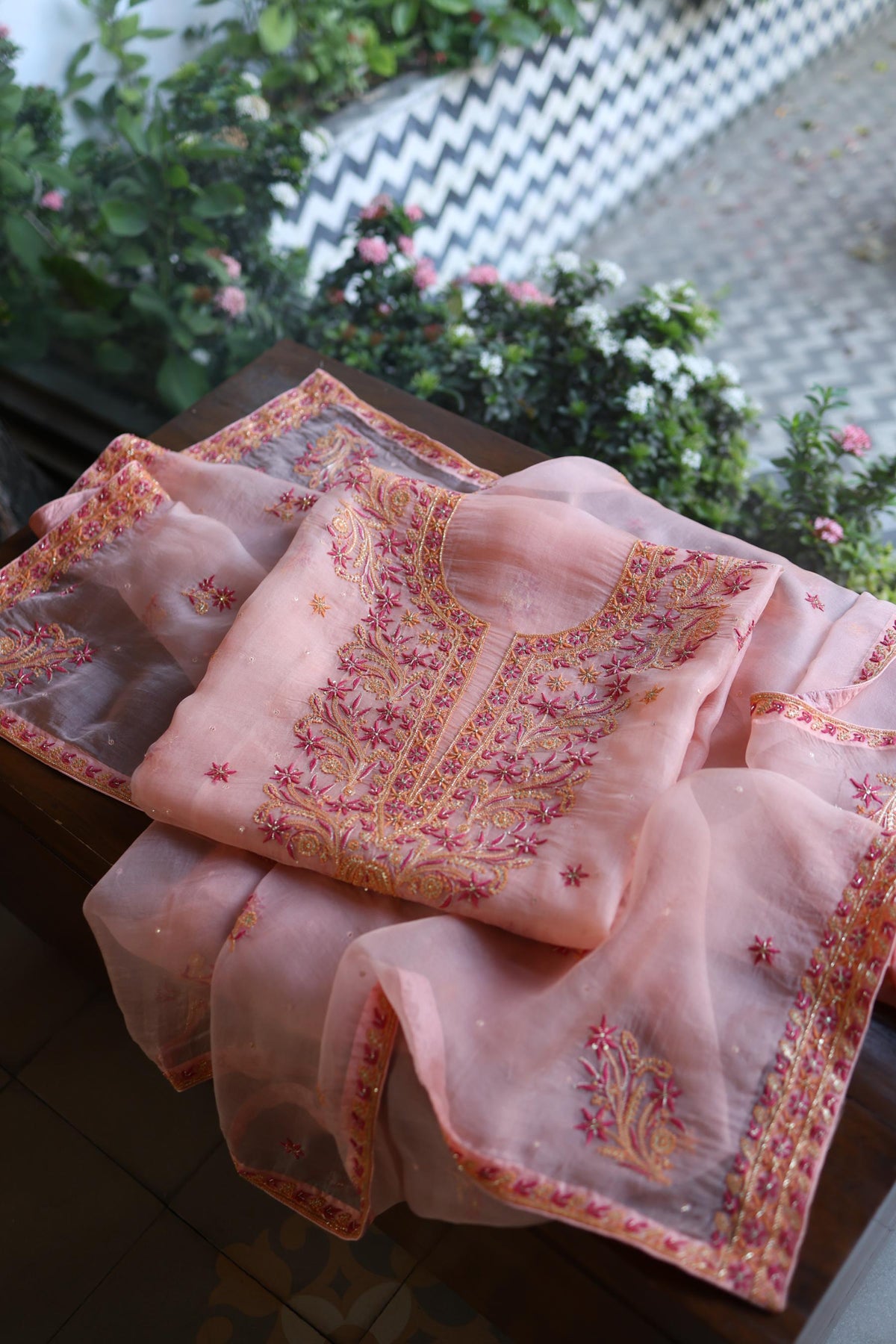 Peach & Pink Shade Noor Organza Silk Chikankari Unstitched Kurta Dupatta Set