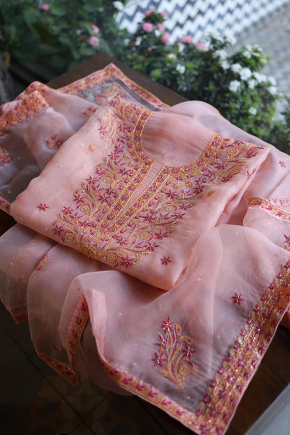 Peach & Pink Shade Noor Organza Silk Chikankari Unstitched Kurta Dupatta Set