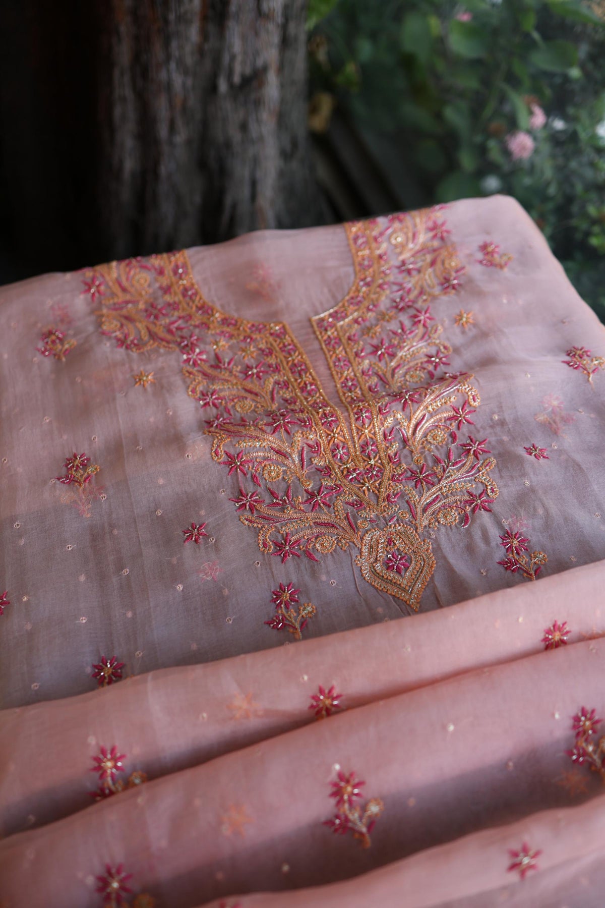 Peach & Pink Shade Noor Organza Silk Chikankari Unstitched Kurta Dupatta Set