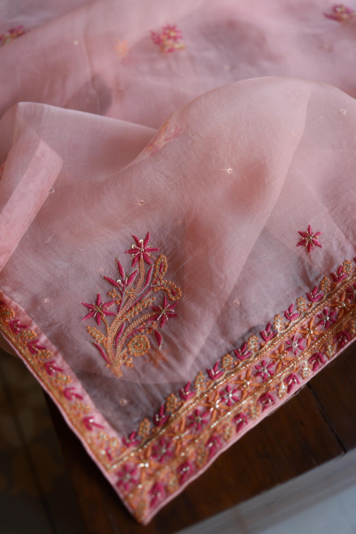 Peach & Pink Shade Noor Organza Silk Chikankari Unstitched Kurta Dupatta Set