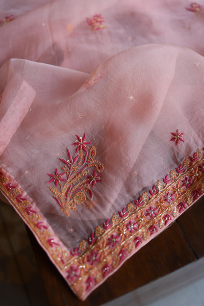 Peach & Pink Shade Noor Organza Silk Chikankari Unstitched Kurta Dupatta Set