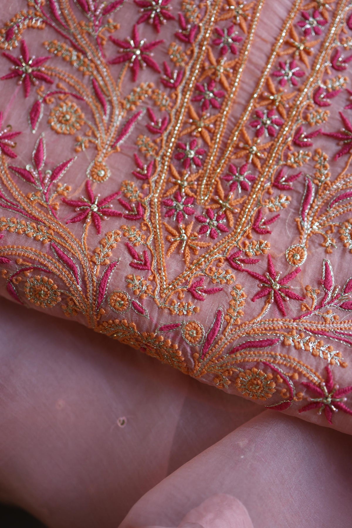 Peach & Pink Shade Noor Organza Silk Chikankari Unstitched Kurta Dupatta Set