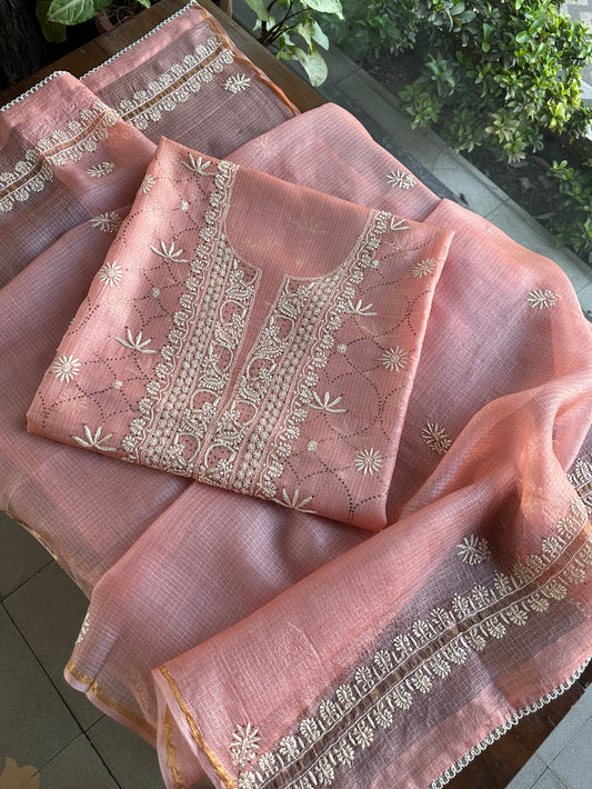 Peach Rasm Kota Tussar Chikankari Unstitched Chikankari Fabric