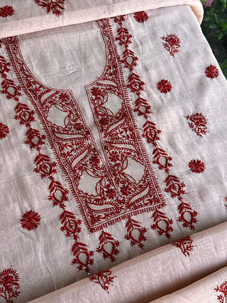 Peach & Red Chikankari Mal Cotton Set with Mukaish Work