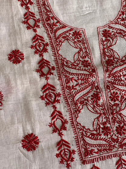 Peach & Red Chikankari Mal Cotton Set with Mukaish Work