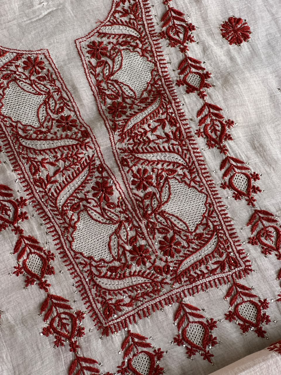 Peach & Red Chikankari Mal Cotton Set with Mukaish Work