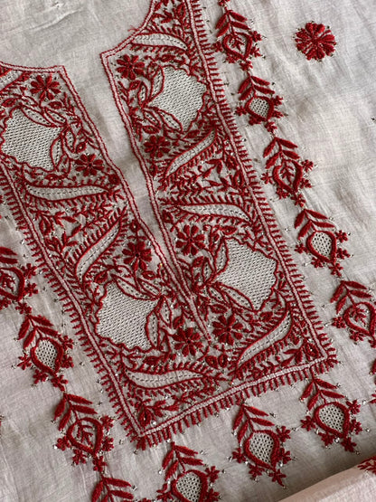 Peach & Red Chikankari Mal Cotton Set with Mukaish Work