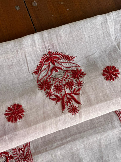 Peach & Red Chikankari Mal Cotton Set with Mukaish Work