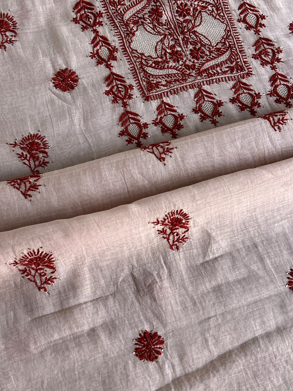 Peach & Red Chikankari Mal Cotton Set with Mukaish Work