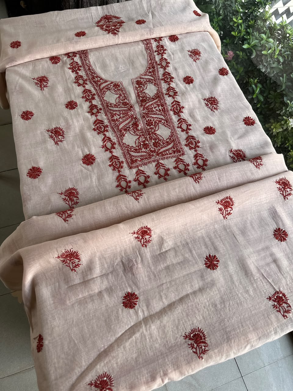 Peach & Red Chikankari Mal Cotton Set with Mukaish Work
