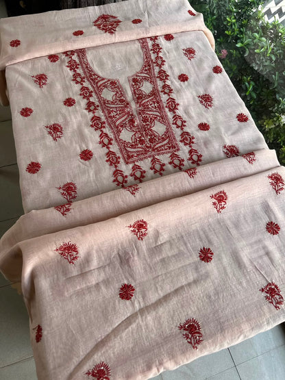 Peach & Red Chikankari Mal Cotton Set with Mukaish Work