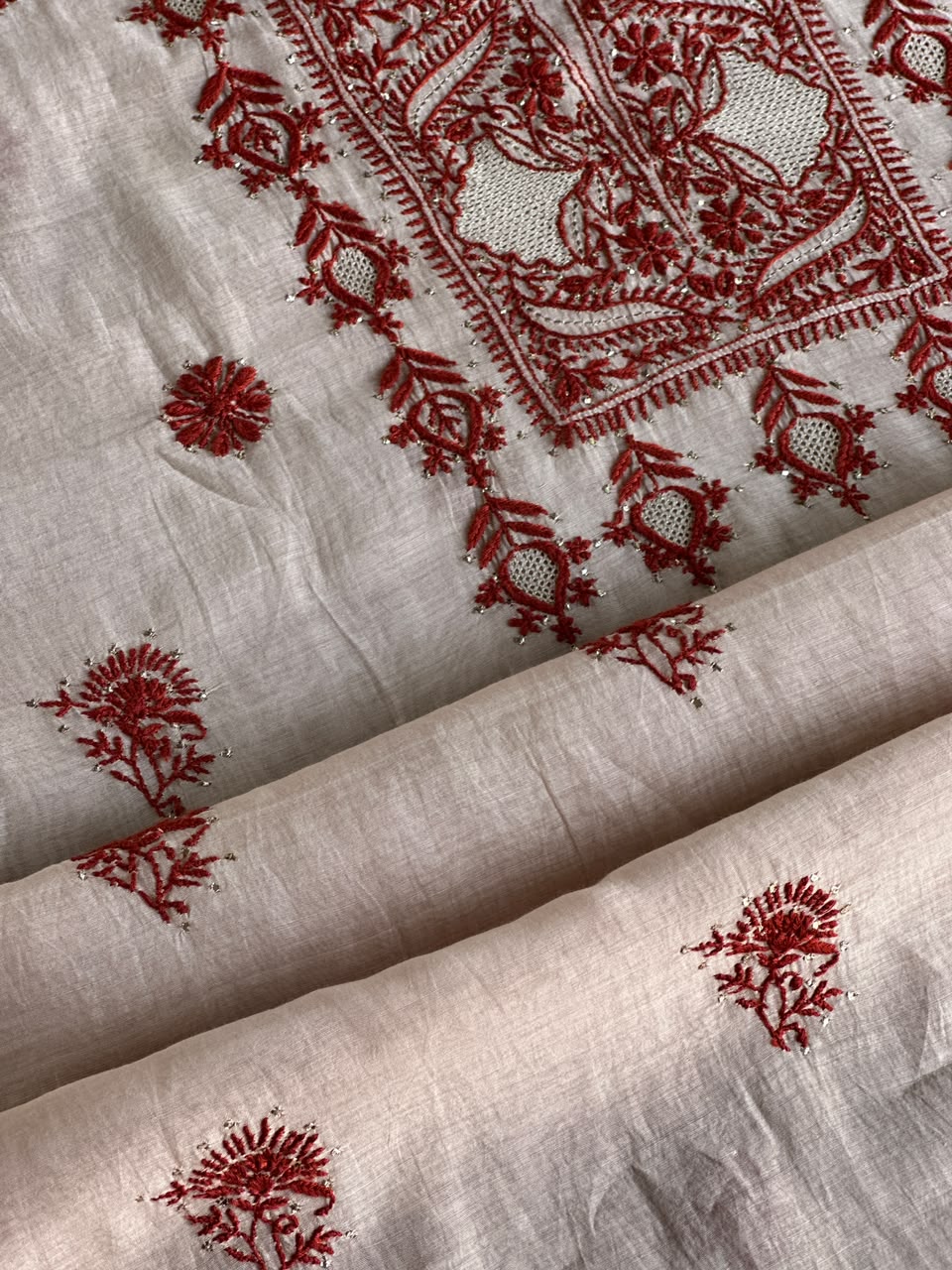 Peach & Red Chikankari Mal Cotton Set with Mukaish Work