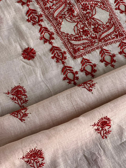 Peach & Red Chikankari Mal Cotton Set with Mukaish Work