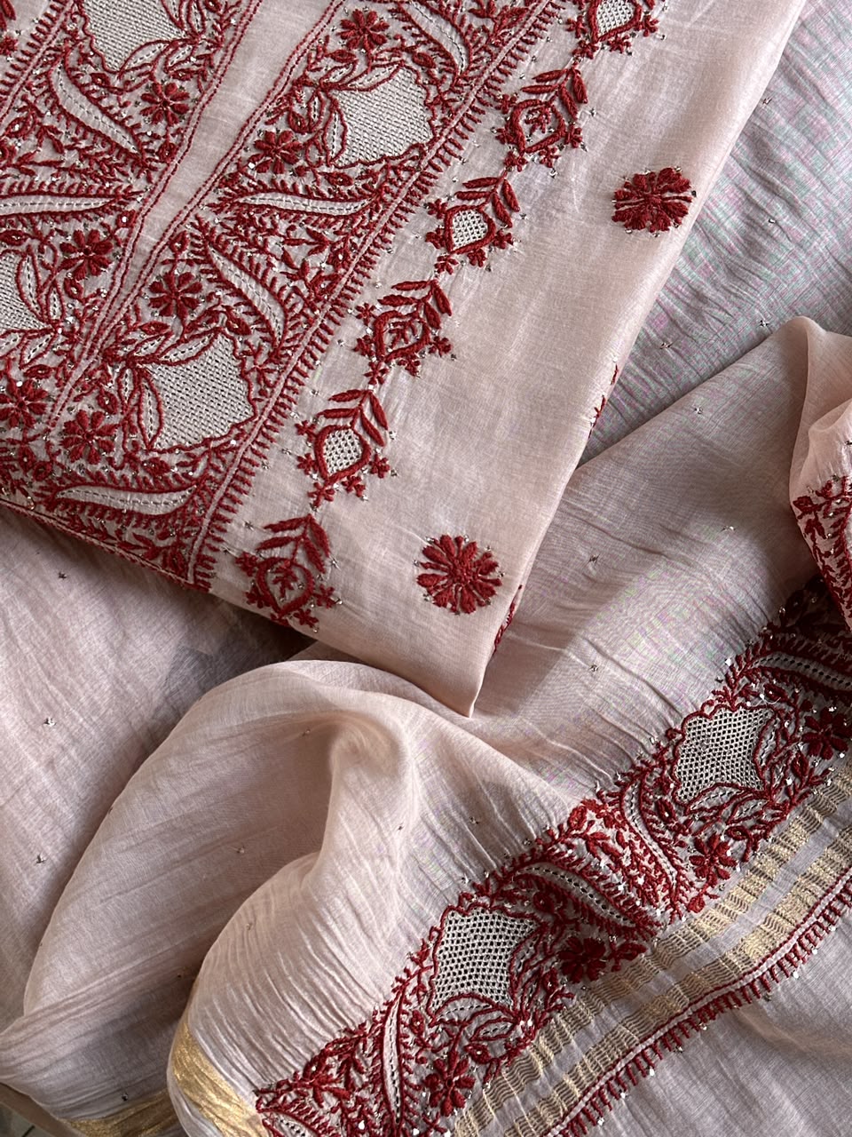 Peach & Red Chikankari Mal Cotton Set with Mukaish Work