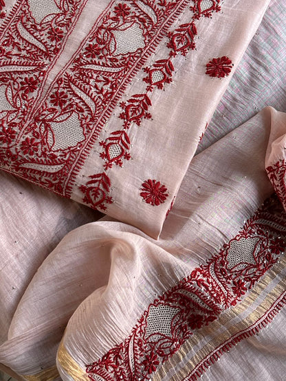 Peach & Red Chikankari Mal Cotton Set with Mukaish Work