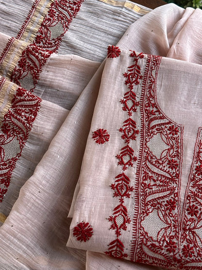 Peach & Red Chikankari Mal Cotton Set with Mukaish Work