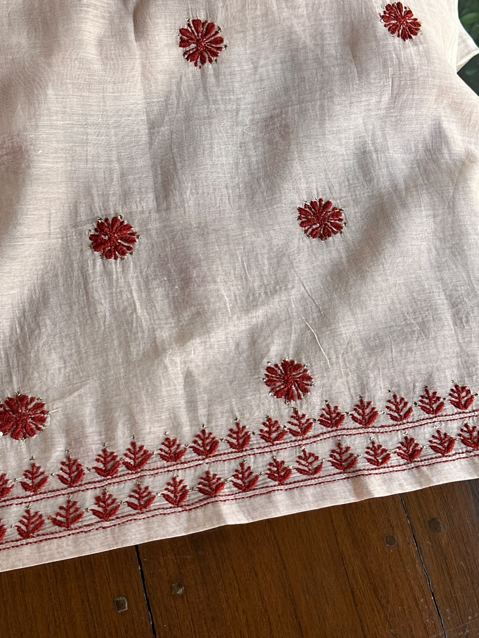 Peach & Red Chikankari Mal Cotton Set with Mukaish Work