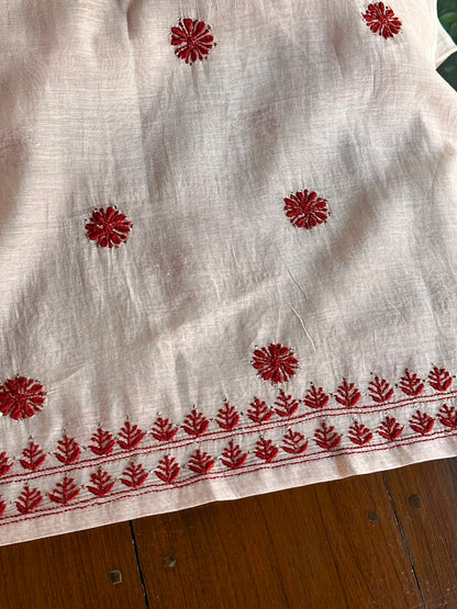 Peach & Red Chikankari Mal Cotton Set with Mukaish Work