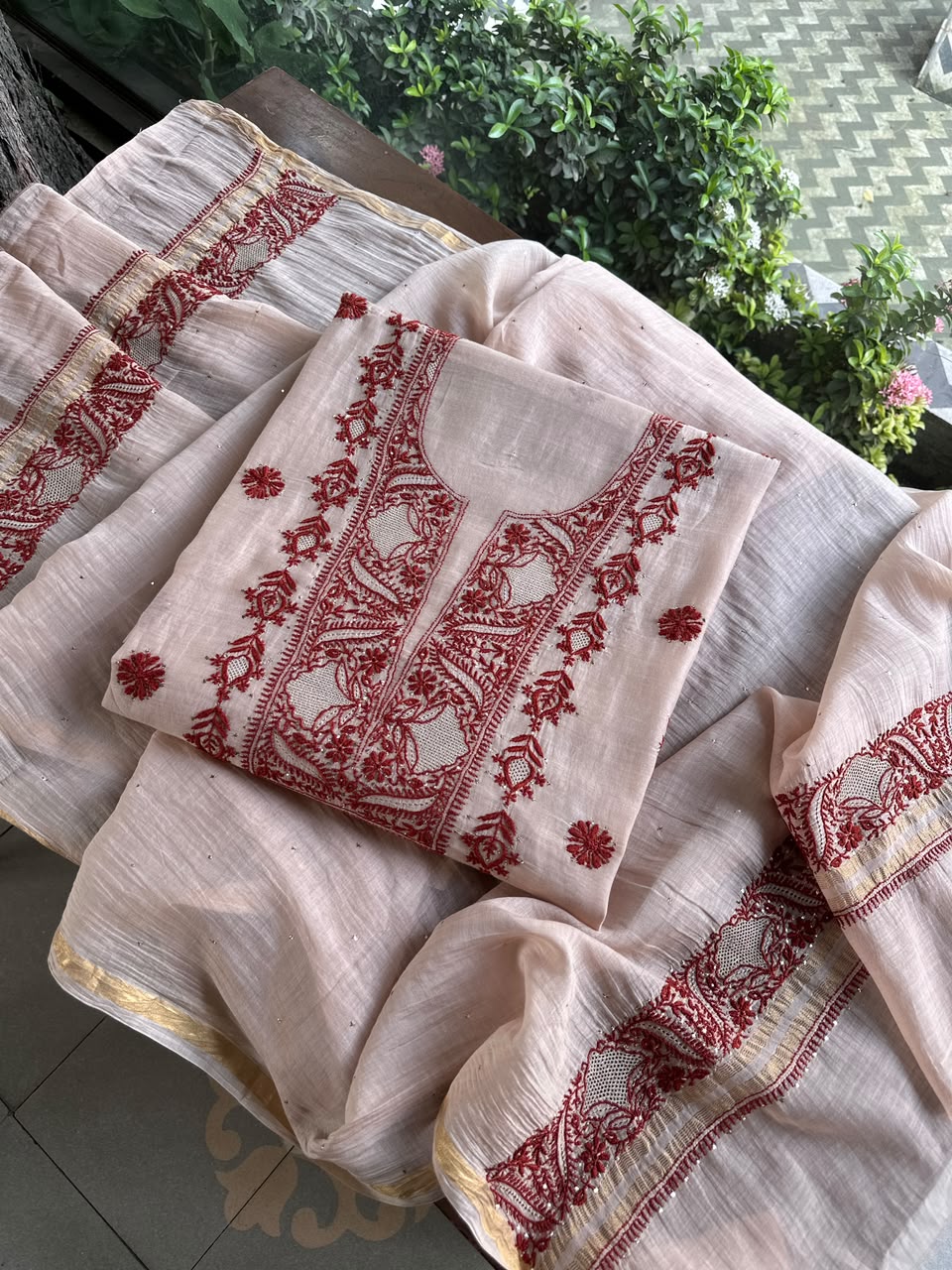 Peach & Red Chikankari Mal Cotton Set with Mukaish Work