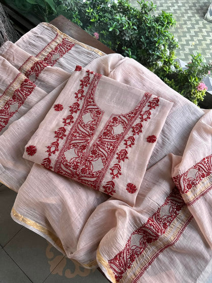 Peach & Red Chikankari Mal Cotton Set with Mukaish Work
