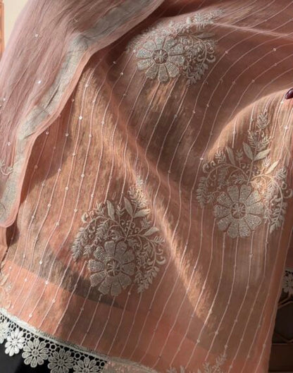 Peach Soft Malmal Stripe Pattern Pearl Work Chikankari Kurta Set
