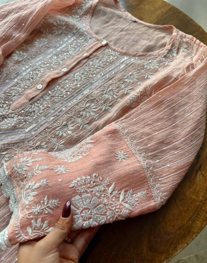 Peach Soft Malmal Stripe Pattern Pearl Work Chikankari Kurta Set