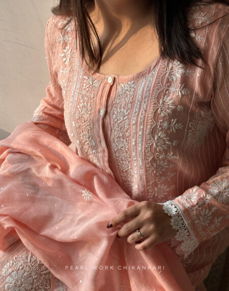 Peach Soft Malmal Stripe Pattern Pearl Work Chikankari Kurta Set