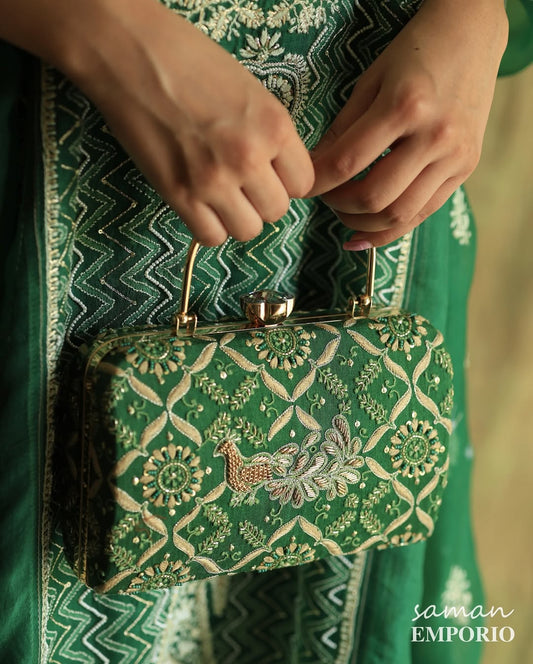 Peacock Motif Chikankari Moonga Silk Handle Sling Clutch