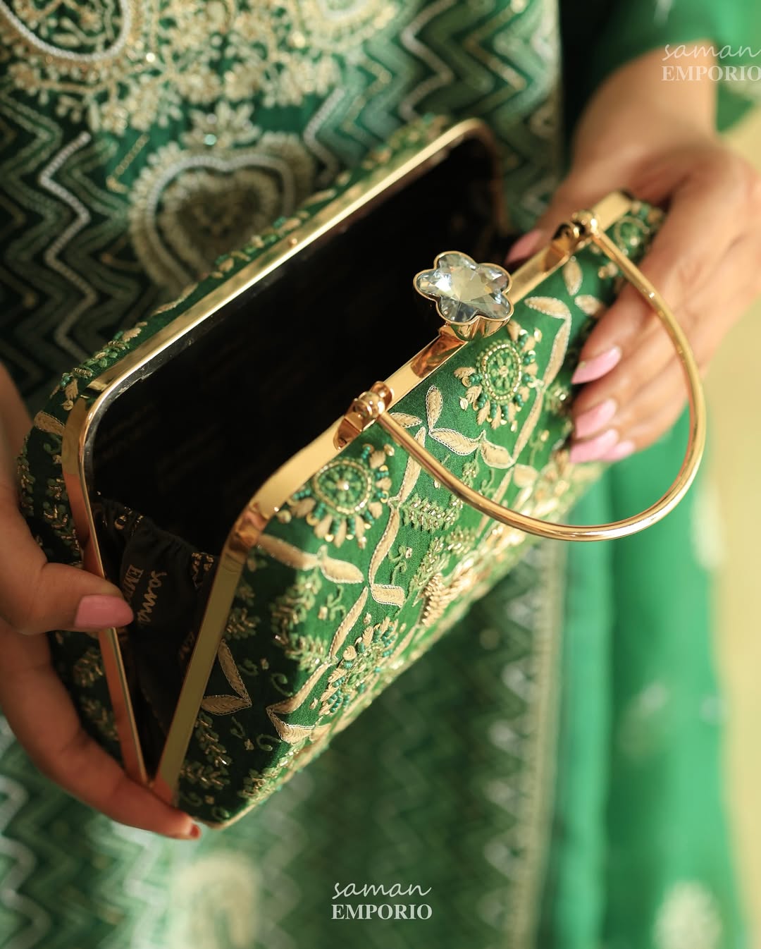 Peacock Motif Chikankari Moonga Silk Handle Sling Clutch