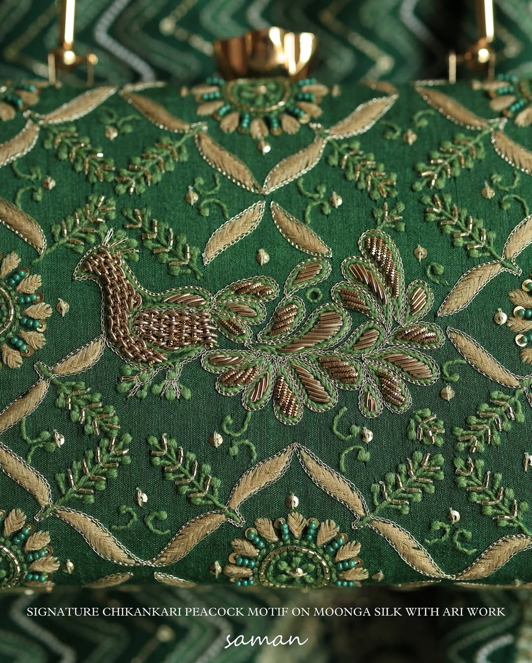 Peacock Motif Chikankari Moonga Silk Handle Sling Clutch