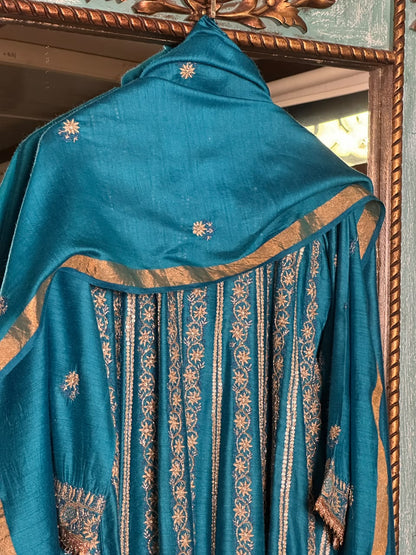 Peacock Blue Moonga Silk Chikankari Anarkali With Dupatta
