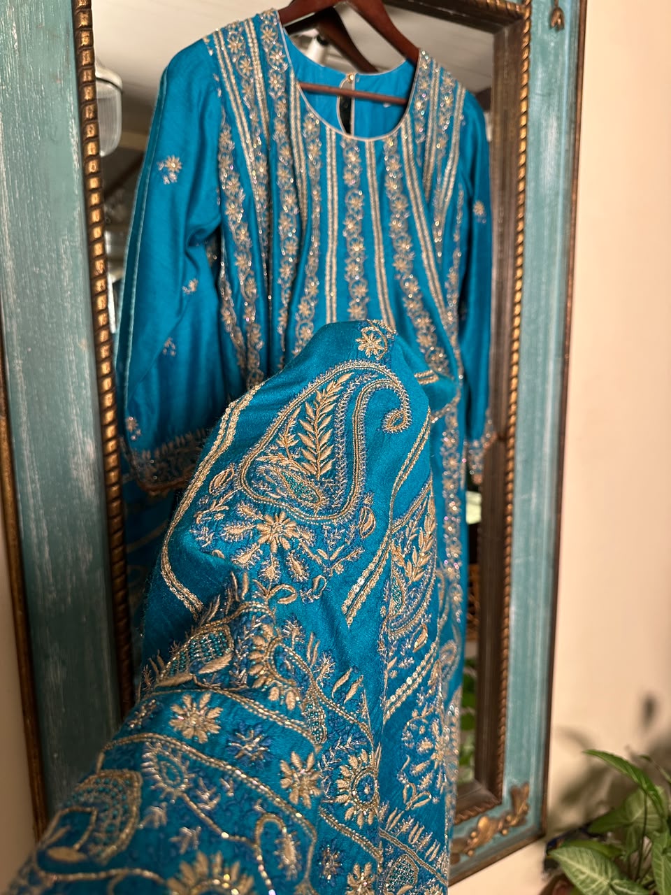 Peacock Blue Moonga Silk Chikankari Anarkali With Dupatta