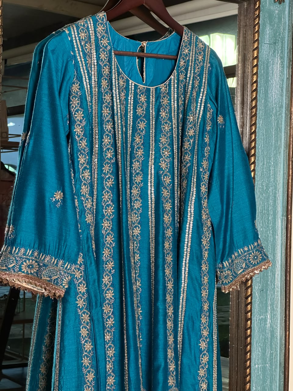 Peacock Blue Moonga Silk Chikankari Anarkali With Dupatta