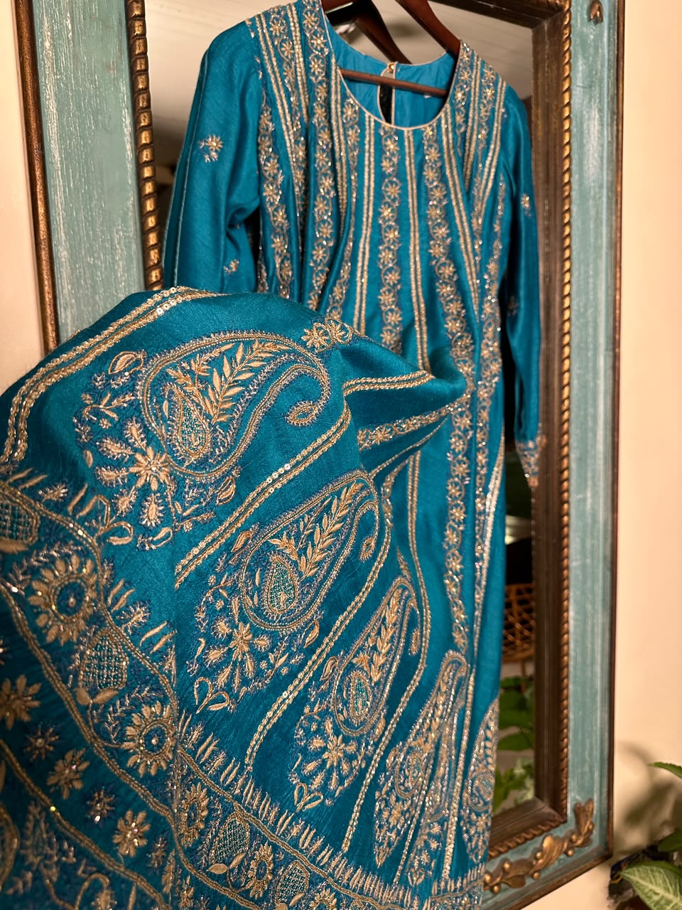 Peacock Blue Moonga Silk Chikankari Anarkali With Dupatta