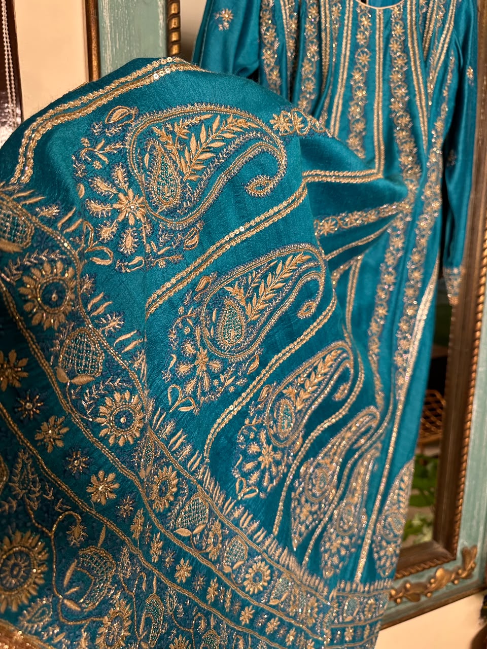 Peacock Blue Moonga Silk Chikankari Anarkali With Dupatta
