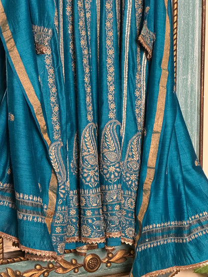 Peacock Blue Moonga Silk Chikankari Anarkali With Dupatta