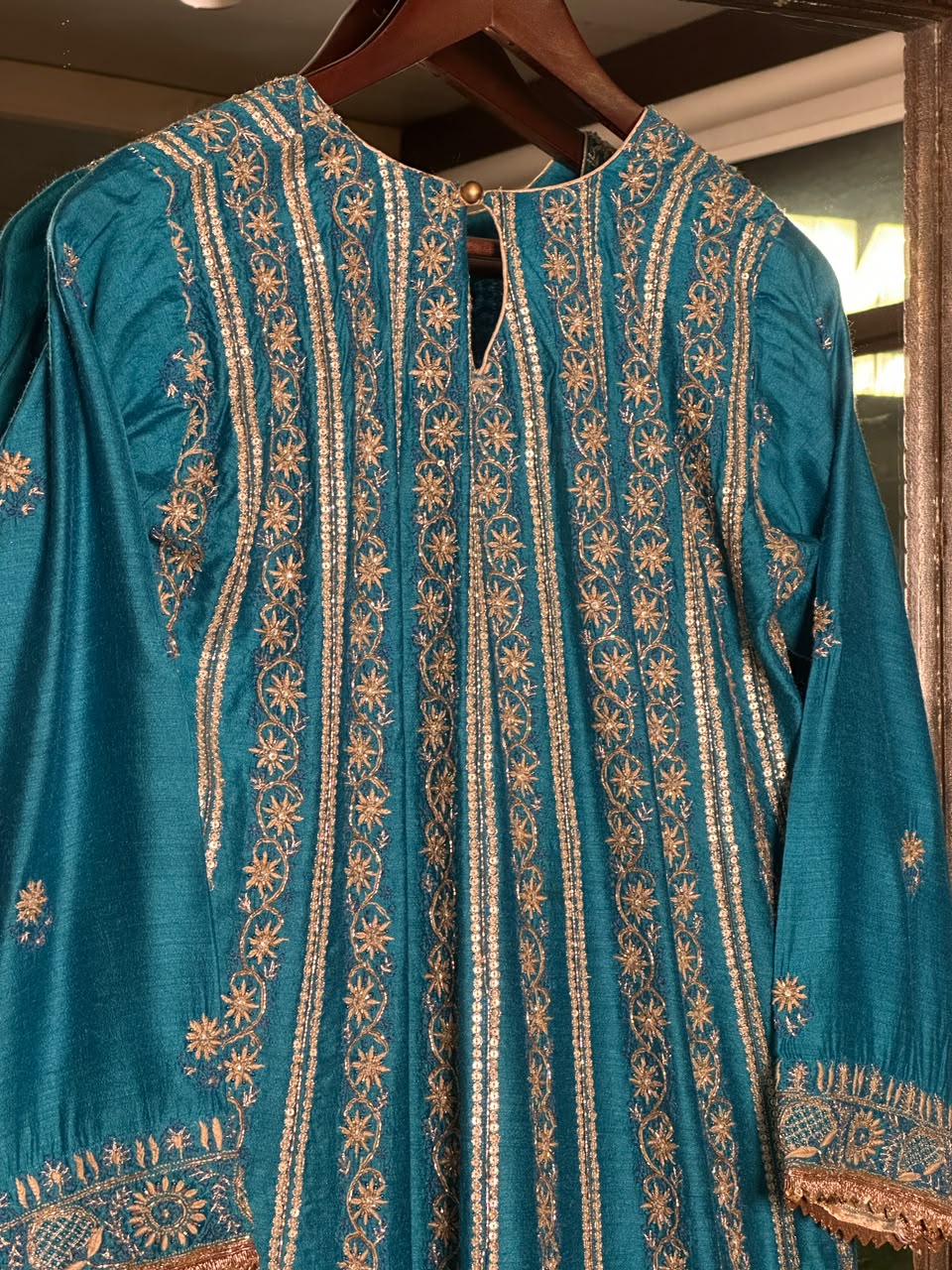Peacock Blue Moonga Silk Chikankari Anarkali With Dupatta