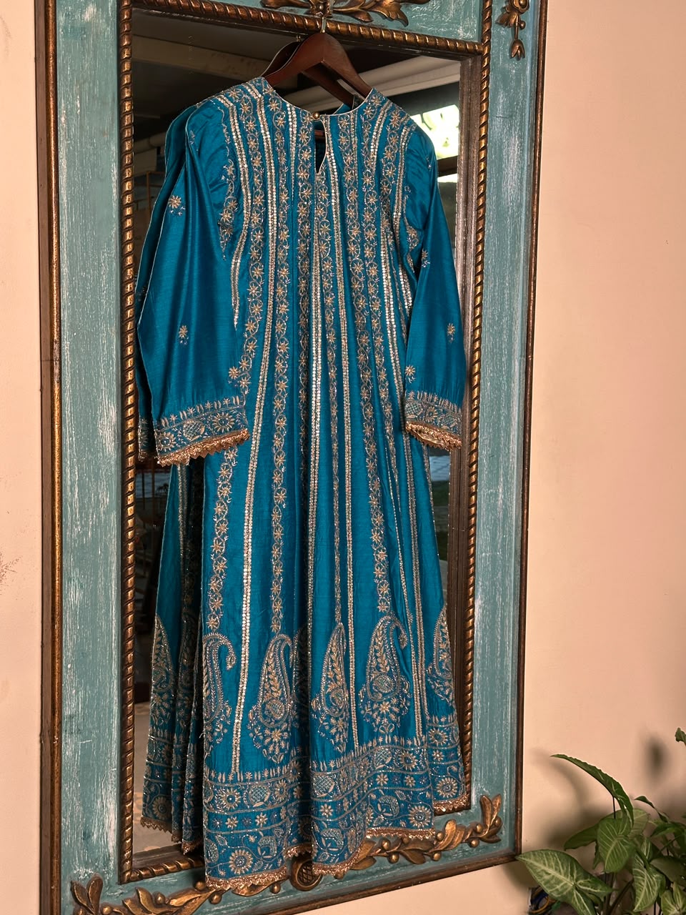 Peacock Blue Moonga Silk Chikankari Anarkali With Dupatta