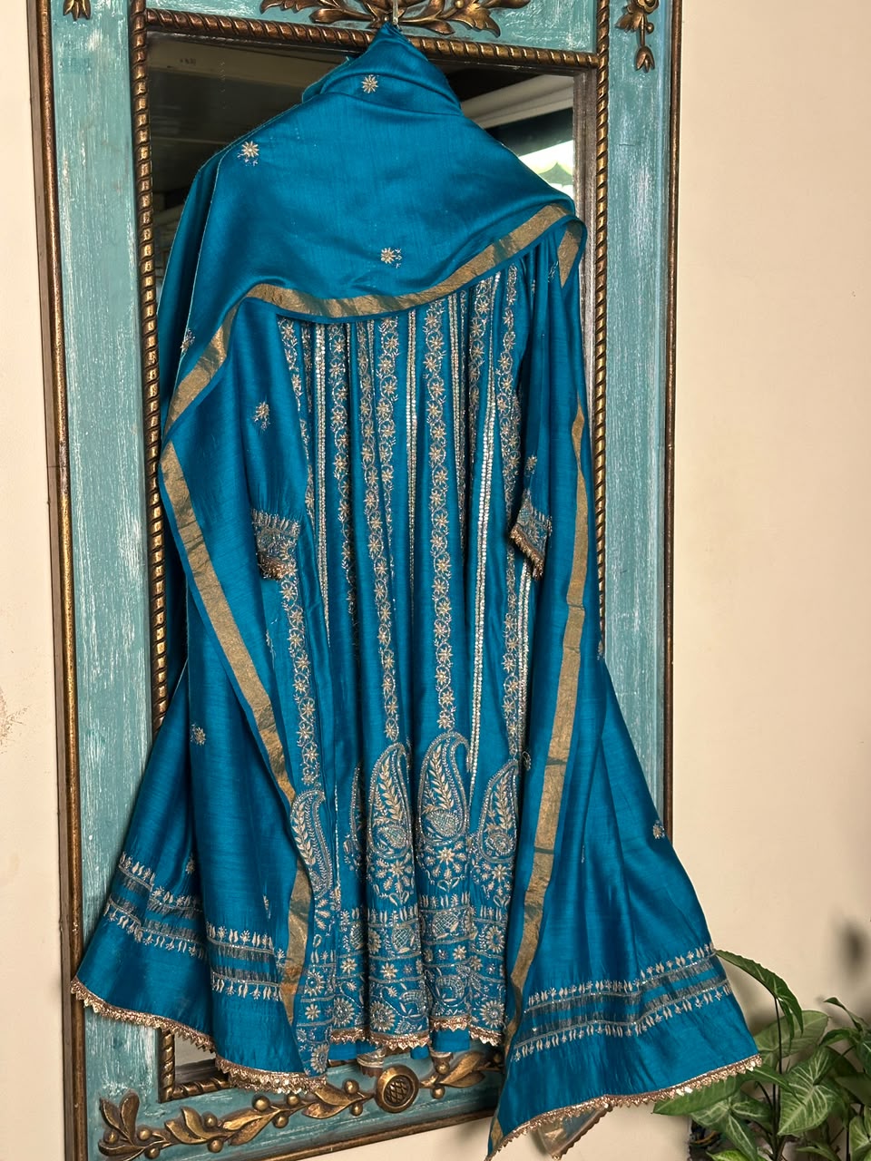 Peacock Blue Moonga Silk Chikankari Anarkali With Dupatta