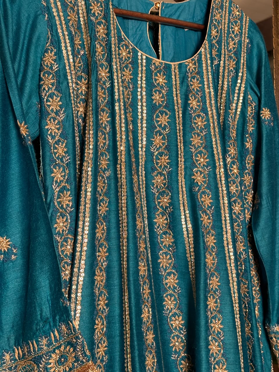 Peacock Blue Moonga Silk Chikankari Anarkali With Dupatta