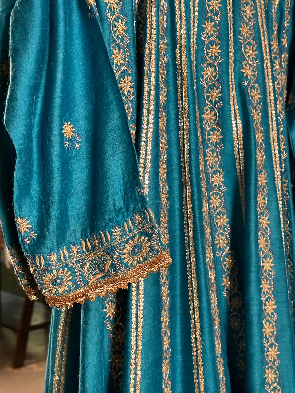 Peacock Blue Moonga Silk Chikankari Anarkali With Dupatta