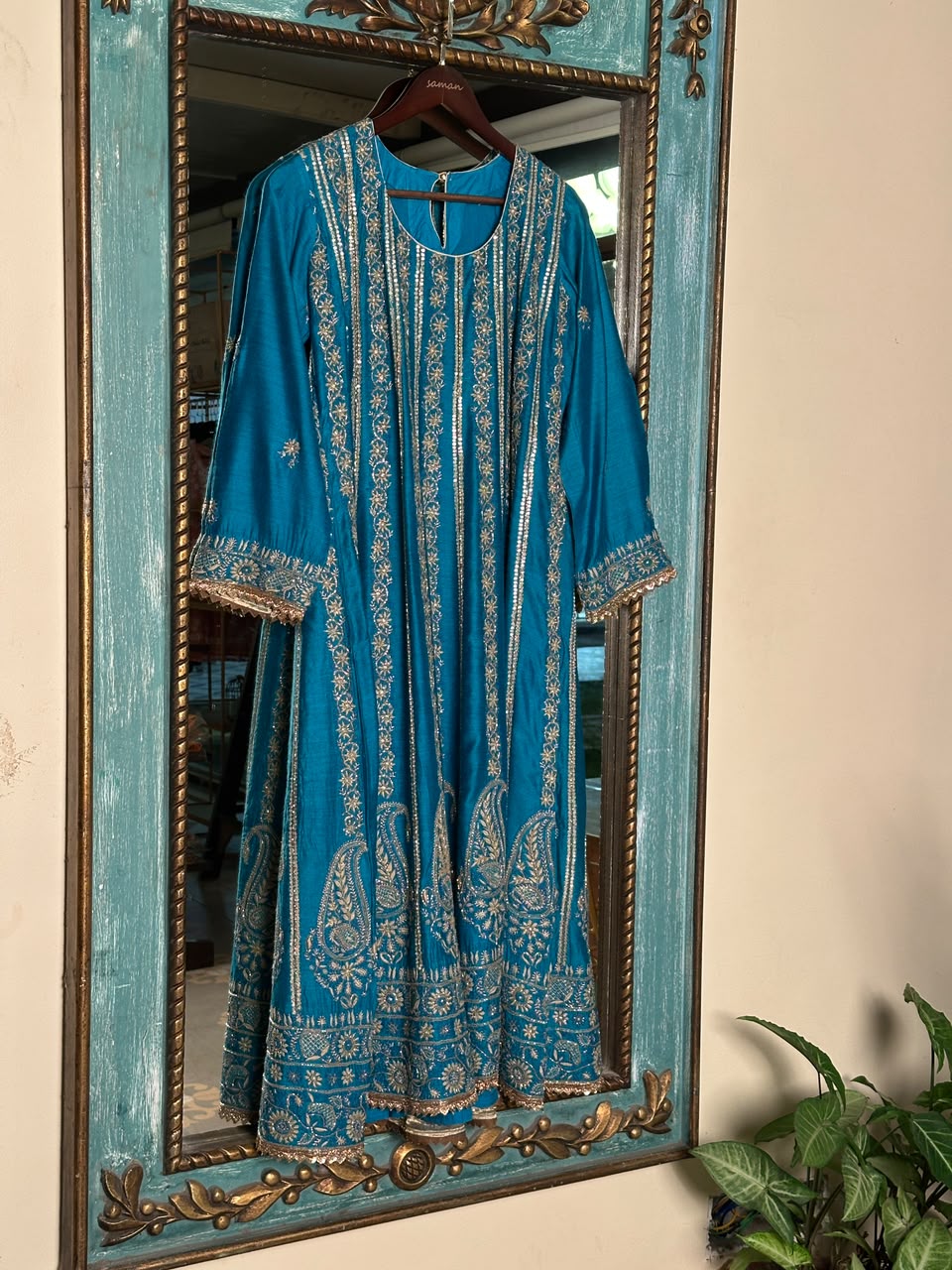 Peacock Blue Moonga Silk Chikankari Anarkali With Dupatta