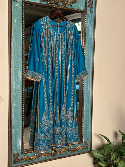 Peacock Blue Moonga Silk Chikankari Anarkali With Dupatta
