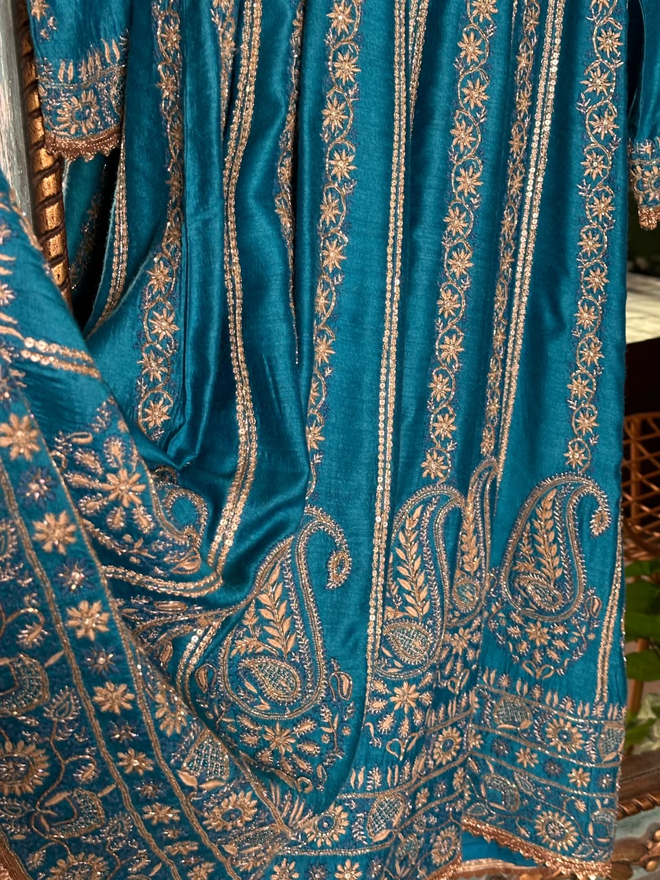 Peacock Blue Moonga Silk Chikankari Anarkali With Dupatta