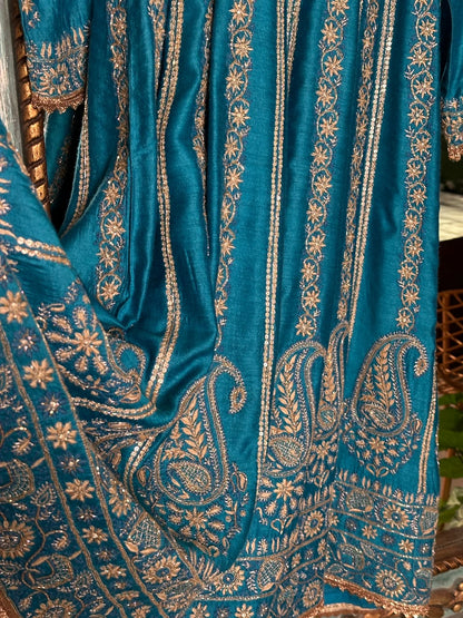 Peacock Blue Moonga Silk Chikankari Anarkali With Dupatta