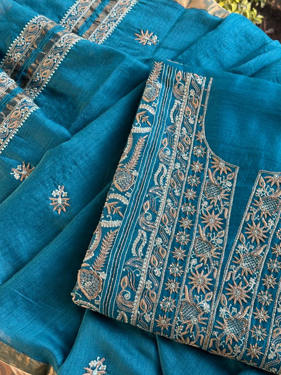 Peacock Blue Shade Moonga Silk Chikankari Unstitched Fabric